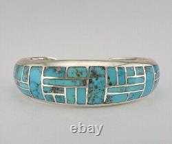 Vintage Navajo Sterling Silver Morenci Turquoise Flush Men's Cuff Bracelet 45.5g