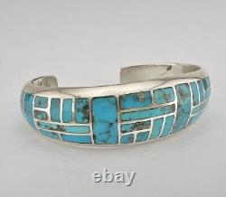 Vintage Navajo Sterling Silver Morenci Turquoise Flush Men's Cuff Bracelet 45.5g