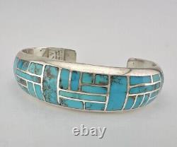 Vintage Navajo Sterling Silver Morenci Turquoise Flush Men's Cuff Bracelet 45.5g