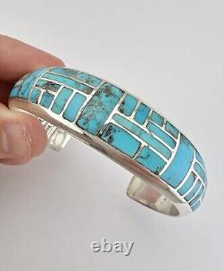 Vintage Navajo Sterling Silver Morenci Turquoise Flush Men's Cuff Bracelet 45.5g