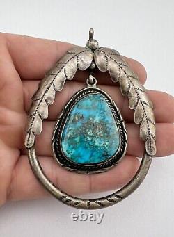 Vintage Navajo Sterling Silver Morenci Turquoise Stamped Dangle Pendant 3