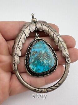 Vintage Navajo Sterling Silver Morenci Turquoise Stamped Dangle Pendant 3