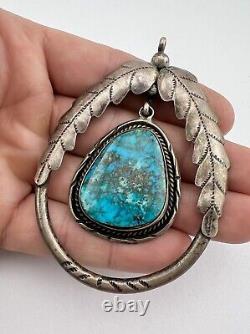 Vintage Navajo Sterling Silver Morenci Turquoise Stamped Dangle Pendant 3