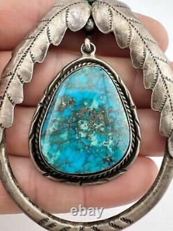 Vintage Navajo Sterling Silver Morenci Turquoise Stamped Dangle Pendant 3