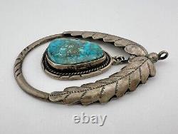 Vintage Navajo Sterling Silver Morenci Turquoise Stamped Dangle Pendant 3