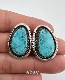 Vintage Navajo Sterling Silver Morenci Turquoise Stamped Post Earrings 17g