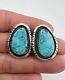 Vintage Navajo Sterling Silver Morenci Turquoise Stamped Post Earrings 17g