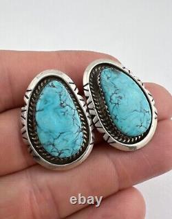 Vintage Navajo Sterling Silver Morenci Turquoise Stamped Post Earrings 17g