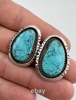 Vintage Navajo Sterling Silver Morenci Turquoise Stamped Post Earrings 17g