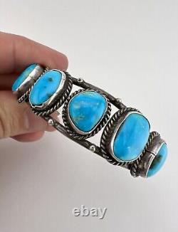 Vintage Navajo Sterling Silver Natural Fox Turquoise 5 Stone Cuff Bracelet