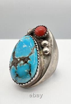 Vintage Navajo Sterling Silver Natural Kingman Turquoise & Red Coral Ring 24.8g