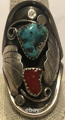 Vintage Navajo Sterling Silver Natural TURQUOISE and CORAL Ring size 10.5
