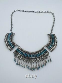 Vintage Navajo Sterling Silver Petit Point Turquoise & Coral Dangles Necklace