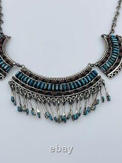 Vintage Navajo Sterling Silver Petit Point Turquoise & Coral Dangles Necklace