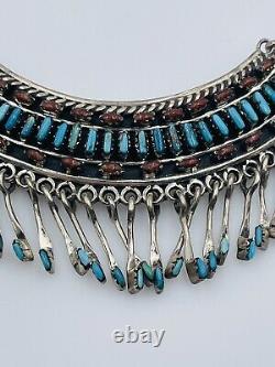 Vintage Navajo Sterling Silver Petit Point Turquoise & Coral Dangles Necklace