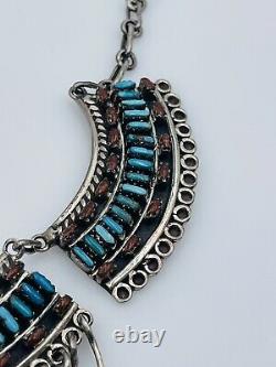 Vintage Navajo Sterling Silver Petit Point Turquoise & Coral Dangles Necklace