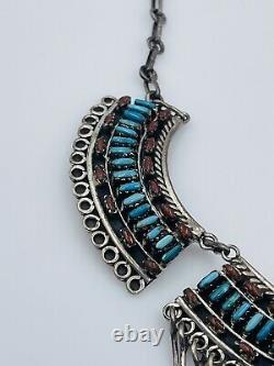 Vintage Navajo Sterling Silver Petit Point Turquoise & Coral Dangles Necklace