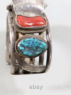 Vintage Navajo Sterling Silver Red Coral Turquoise Open Cuff Watch Bracelet 113g