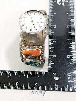 Vintage Navajo Sterling Silver Red Coral Turquoise Open Cuff Watch Bracelet 113g