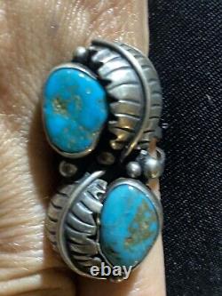 Vintage Navajo Sterling Silver Ring Long Double Stone Ring Turquoise Leaf 7