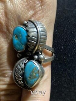 Vintage Navajo Sterling Silver Ring Long Double Stone Ring Turquoise Leaf 7