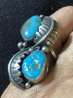 Vintage Navajo Sterling Silver Ring Long Double Stone Ring Turquoise Leaf 7