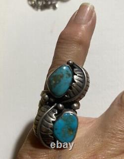 Vintage Navajo Sterling Silver Ring Long Double Stone Ring Turquoise Leaf 7