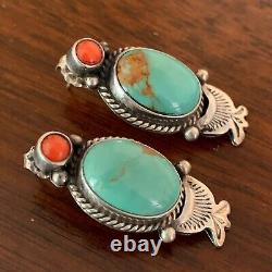 Vintage Navajo Sterling Silver Royston Turquoise & Coral Earrings Signed