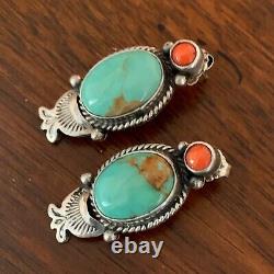 Vintage Navajo Sterling Silver Royston Turquoise & Coral Earrings Signed