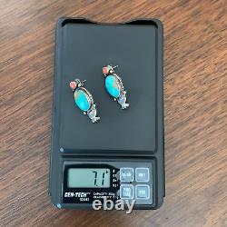 Vintage Navajo Sterling Silver Royston Turquoise & Coral Earrings Signed