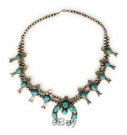 Vintage Navajo Sterling Silver Royston Turquoise Squash Blossom Necklace