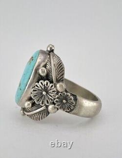 Vintage Navajo Sterling Silver Royston Turquoise Stamped 3D Floral Ring