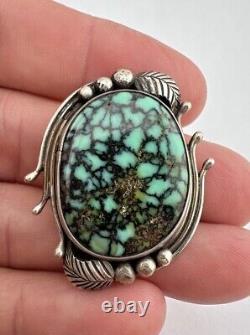 Vintage Navajo Sterling Silver Spiderweb Damele Turquoise Stamped Pin Pendant