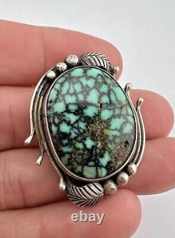 Vintage Navajo Sterling Silver Spiderweb Damele Turquoise Stamped Pin Pendant