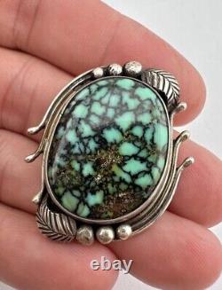 Vintage Navajo Sterling Silver Spiderweb Damele Turquoise Stamped Pin Pendant