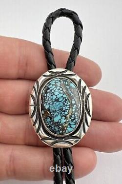 Vintage Navajo Sterling Silver Spiderweb Kingman Turquoise Stamped Bolo Tie