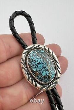 Vintage Navajo Sterling Silver Spiderweb Kingman Turquoise Stamped Bolo Tie