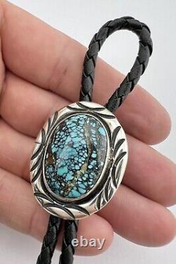 Vintage Navajo Sterling Silver Spiderweb Kingman Turquoise Stamped Bolo Tie