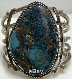 Vintage Navajo Sterling Silver Spiderweb Turquoise Cuff Bracelet Heavy