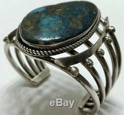 Vintage Navajo Sterling Silver Spiderweb Turquoise Cuff Bracelet Heavy