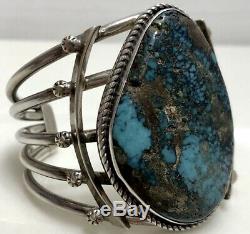 Vintage Navajo Sterling Silver Spiderweb Turquoise Cuff Bracelet Heavy