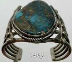 Vintage Navajo Sterling Silver Spiderweb Turquoise Cuff Bracelet Heavy