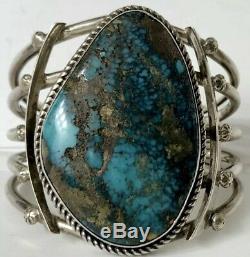 Vintage Navajo Sterling Silver Spiderweb Turquoise Cuff Bracelet Heavy