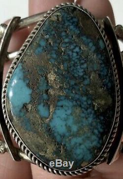 Vintage Navajo Sterling Silver Spiderweb Turquoise Cuff Bracelet Heavy