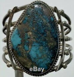 Vintage Navajo Sterling Silver Spiderweb Turquoise Cuff Bracelet Heavy