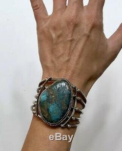 Vintage Navajo Sterling Silver Spiderweb Turquoise Cuff Bracelet Heavy