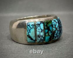 Vintage Navajo Sterling Silver Spiderweb Turquoise Inlay Ring HEAVY 21 Grams