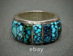 Vintage Navajo Sterling Silver Spiderweb Turquoise Inlay Ring HEAVY 21 Grams