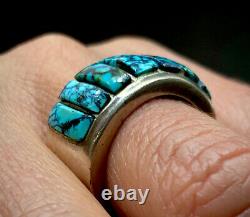 Vintage Navajo Sterling Silver Spiderweb Turquoise Inlay Ring HEAVY 21 Grams
