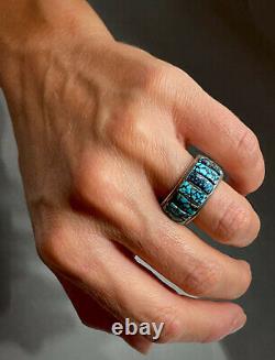 Vintage Navajo Sterling Silver Spiderweb Turquoise Inlay Ring HEAVY 21 Grams